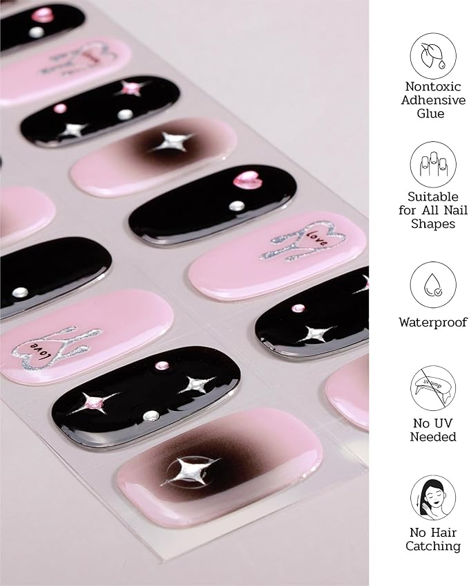 Nail Polish Strips - 22 Pcs Salon Quality Gel Nail Stickers - Long Lasting Wraps (Starlit Blooming Black&Pink)