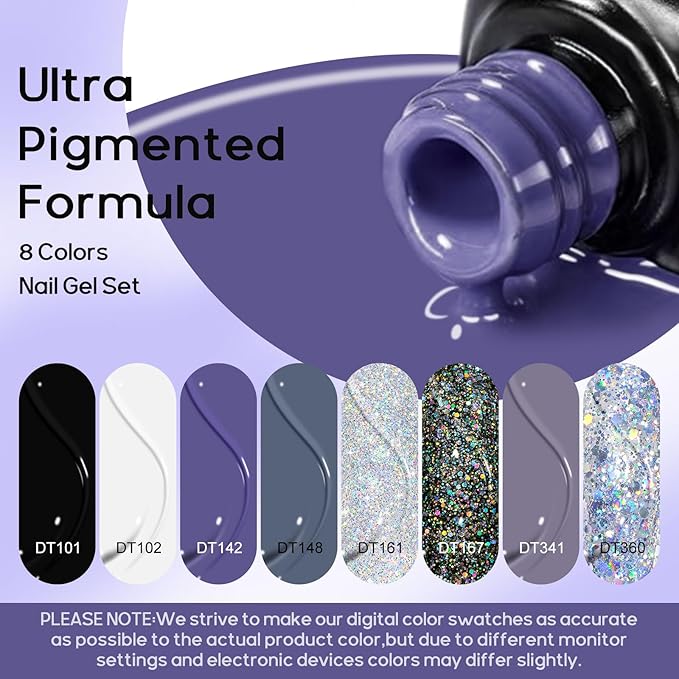 MEET ACROSS Grey Gel Nail Polish Set 8 Colors, Black White Gray Tone Glitter Sliver Gel Nail Polish Kit for All Seasons Soak Off Gel Nail Manicure Gifts Set for Women