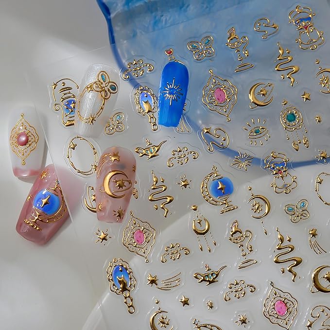 Shiny Metallic Nail Stickers,3D Glitter Gold Luxury Nail Art Design Star and Moon Stickers Metal Starlight Nail Decals Self Adhesive Nail Art Supplies DIY French Manicure Decoration for Women