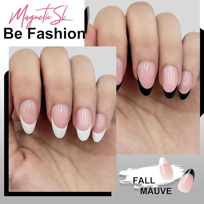 64PCS Press On Nails Black & White French Tip- Short Almond Shape with Classic Accents | Dual-Color Fake Nails for Women | Reusable, Chip-Free Nail Kit with Complete Tools