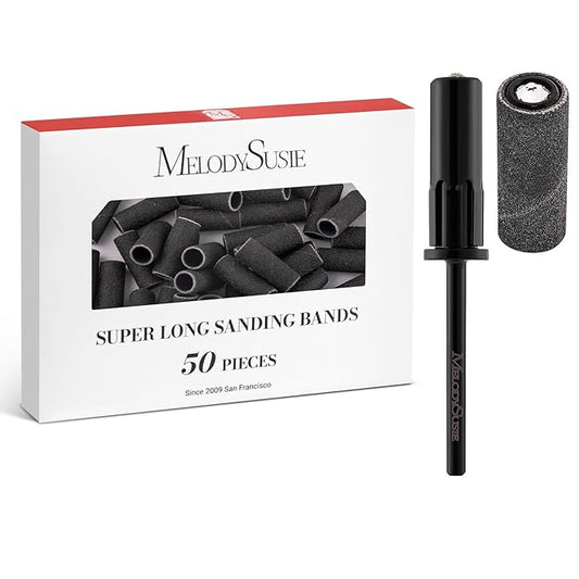 MelodySusie 50 Pcs Nail Drill Bits Super Long Sanding Bands with 6.65mm Crystal Mandrel Bit, 180 Fine Grit Nail File for Acrylic Nails Gel Manicures and Pedicure, Black