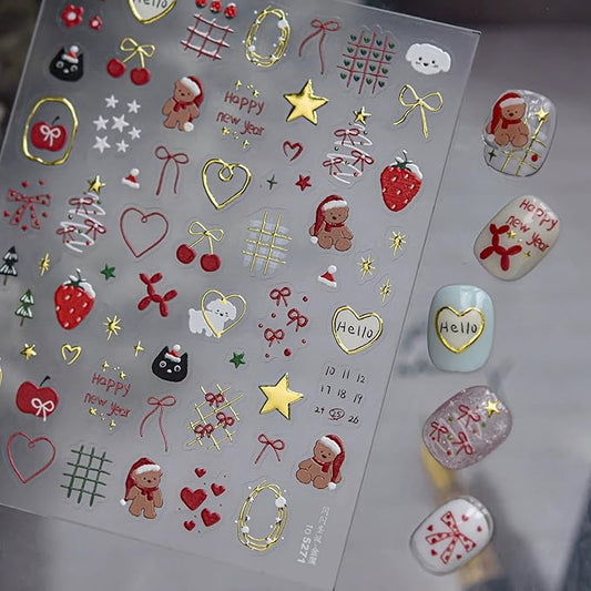 Christmas Nail Stickers 5D Embossed Xmas Nail Decals 1PCS Bear Bow Christmas Tree Star Love Heart Cartoon Self-Adhesive Design Holiday Nail Stickers Manicure Accessories for Women DIY Nail Art Decor