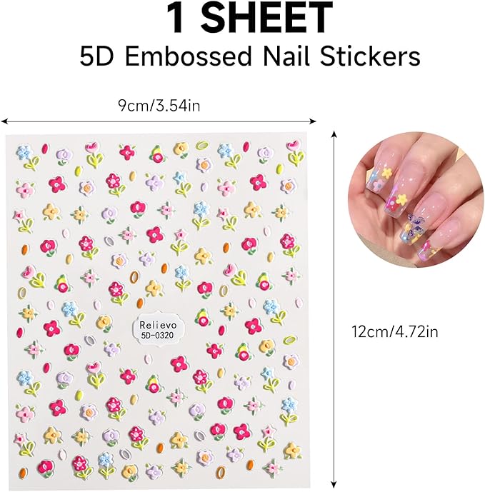 Colorful Flower Nail Stickers for Nail Art, 5D Embossed Nails Art Stickers Decals Self Adhesive Floral Nail Sticker for Women Spring Nails Sticker Decoration