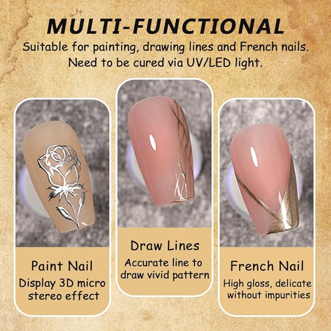 Metallic Liner Nail Art Gel 2pcs 8ml Silver Bronze Gold Mirror Chrome 3D Effect Gel Nail Polish for Painting Drawing Line Swirl Build in Thin Brush Soak Off UV/LED Manicure Set