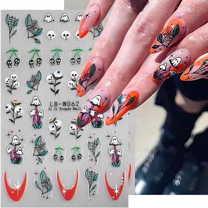 5 Sheets Halloween Nail Art Stickers Horror Skull Flower Nail Stickers Scary Embossed Ghost Spider Web Nail Decals 5D Self-Adhesive Strawberry Spider Nail Decoration for Women Girls Nail Designs