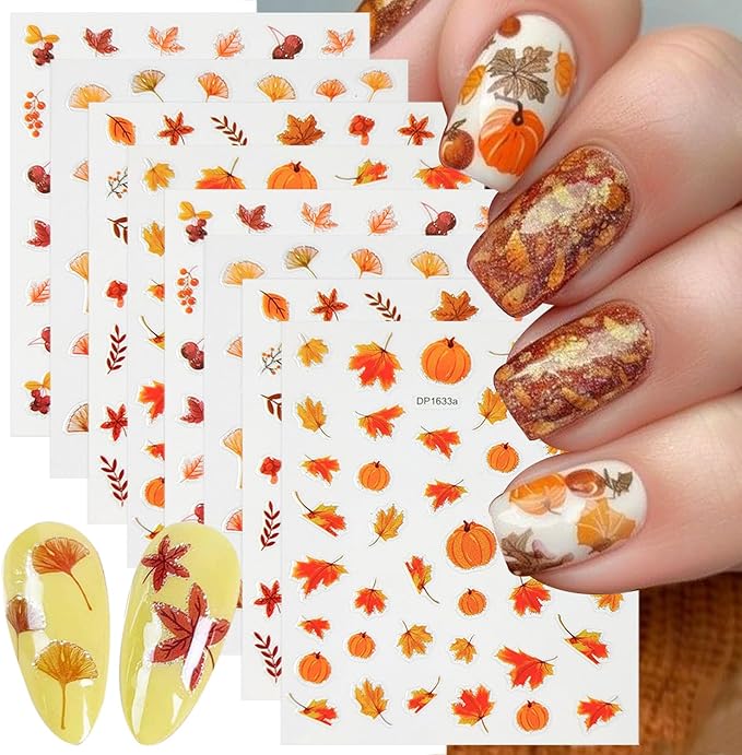 8 Sheets Fall Nail Stickers 3D Self-Adhesive Maple Leaf Nail Art Stickers for Nail Art Pumpkins Leaf Nail Design Autumn Nail Decals Thanksgiving Nail Art Supplies for Women Acrylic Nails Decoration