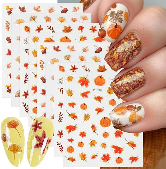 8 Sheets Fall Nail Stickers 3D Self-Adhesive Maple Leaf Nail Art Stickers for Nail Art Pumpkins Leaf Nail Design Autumn Nail Decals Thanksgiving Nail Art Supplies for Women Acrylic Nails Decoration