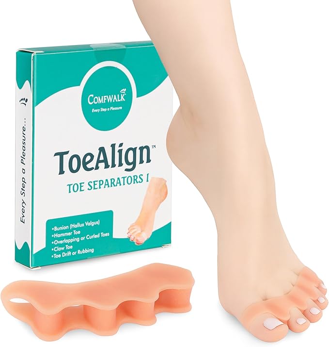 Comfwalk® ToeAlign™ – Toe Separators for Men & Women – Toe Straightener Stretcher – Corrects Bunions, Overlapping Toes, Hammer Toes, Claw Toes – Soft Medical-Grade Silicone Toe Spacers (Skin Color)