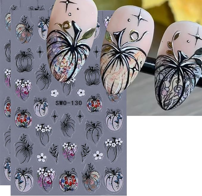 2Sheets Halloween Nail Art Stickers Decals 3D Black Pumpkin Leaf Designs Nail Stickers Self-Adhesive Colorful Flower Nail Decal Pumpkin Star Nail Sticker for Women DIY Manicure Decoration Supplies