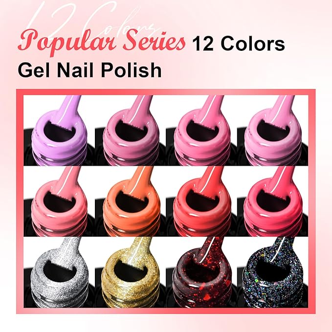 MEET ACROSS 12PCS Gel Nail Polish Set, 12 Colors Gel Nail Kit Art Design Soak Off UV LED,Nail Art Design Gifts for Women (SET-5, 12PCS)