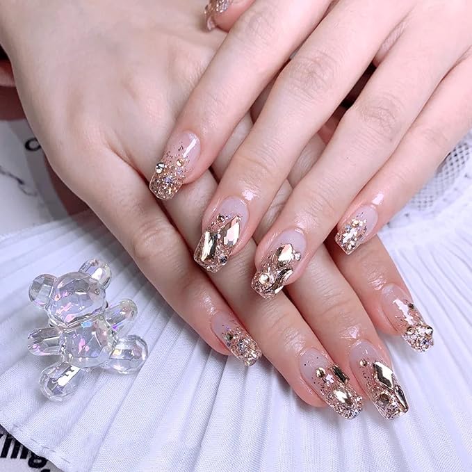 3120 Champagne Diamond Nail Rhinestones, HOINCO Crystal Nail Rhinestones, 3D Mixed Size Crystal AB Flat Bottom Gemstone for Nail Art DIY Craft Decoration with Crayon Tweezers