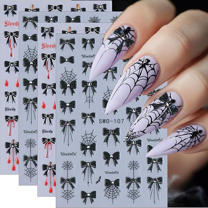 4Sheets Halloween Nail Art Stickers 5D Self Adhesive Black Red Bow Nail Decals with Drill Blood Drop Spider Web Nail Stickers Halloween Gothic Design Holiday Nail Decoration Accessories for Women