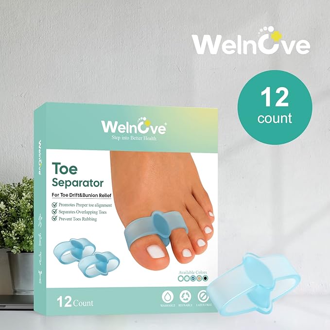 Welnove Pack of 12 Bunion Corrector, Toe Separators with 2 Loops, Big Toe Spacer Suitable for Bunion and Overlap Toe (Blue)