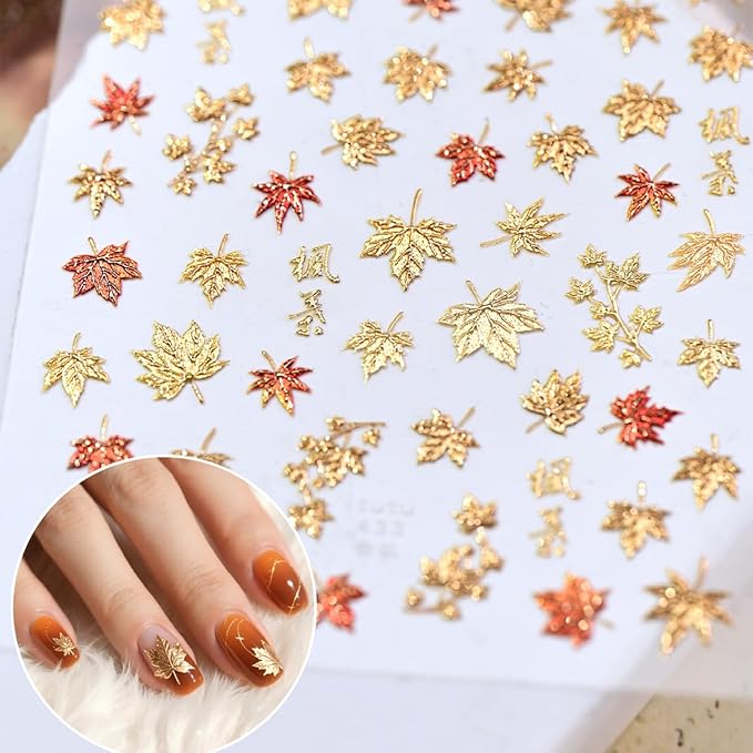 5D Embossed Fall Nails Art Stickers Autumn Maple Leaves Nail Decals Self Adhesive Glitter Gold Maple Leaf Nails Design Sticker Thanksgiving Nail Stickers for Women Manicure Decor Accessories 1PCS