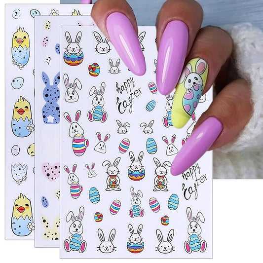 Easter Nail Art Stickers - Bunny Eggs Chick Self-Adhesive 3D Nail Decals for DIY Spring Holiday Floral Rabbits Carrot Manicure (3 Sheets)
