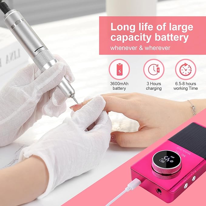 Electric 45000RPM Nail Drill Machine Rechargeable Portable Nail File Electric DIY Nail Drill Kit with Smart LCD Screen for Gel Nail Manicure and Pedicure Reflective Body etc (RED)