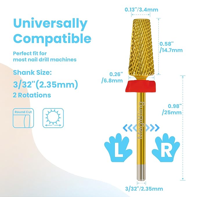 Professional 5 in 1 Tapered Nail Drill Bits, 3/32'' Safety Tungsten Carbide Bits, Remove Gel Fast Left & Right Hand Use, Easy for Beginner, Technicians Bits, Gold, Fine.