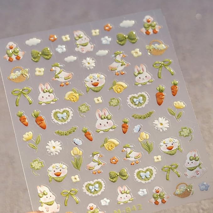 Easter Nail Stickers for Nail Art 5D Self Adhesive Nail Decals Cute Bunny Nail Art Stickers Green Bow Flower Nails Design Easter Nail Supplies for DIY Manicure Decoration for Women Girls