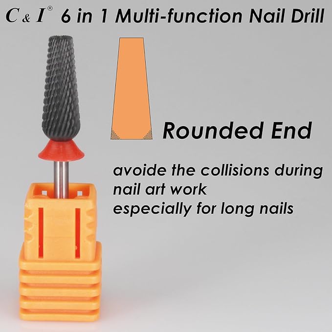 C & I Nail Drill Bit 6 in 1 Multi-function Rounded End E-file, Diamond Coat, CNC Overall Cut Nail Tools for Nail Techs Quick Remove Acrylic Nail Gels & Nail Art (Special Coat, Fine -F)
