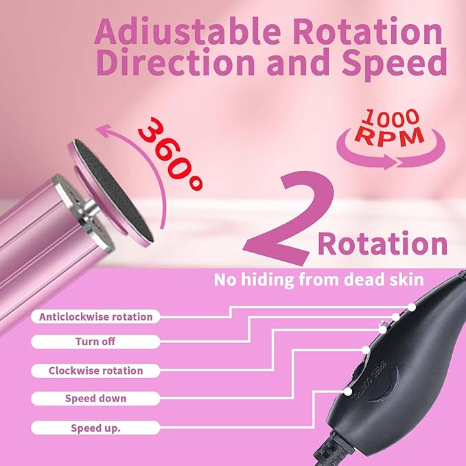 Electric Callus Remover for Feet, USB Power Supply Electric Foot File Sander Scrubber with Speed Controller 60Pcs Replacement Sandpaper Disk for Dead Skin, Cuticles