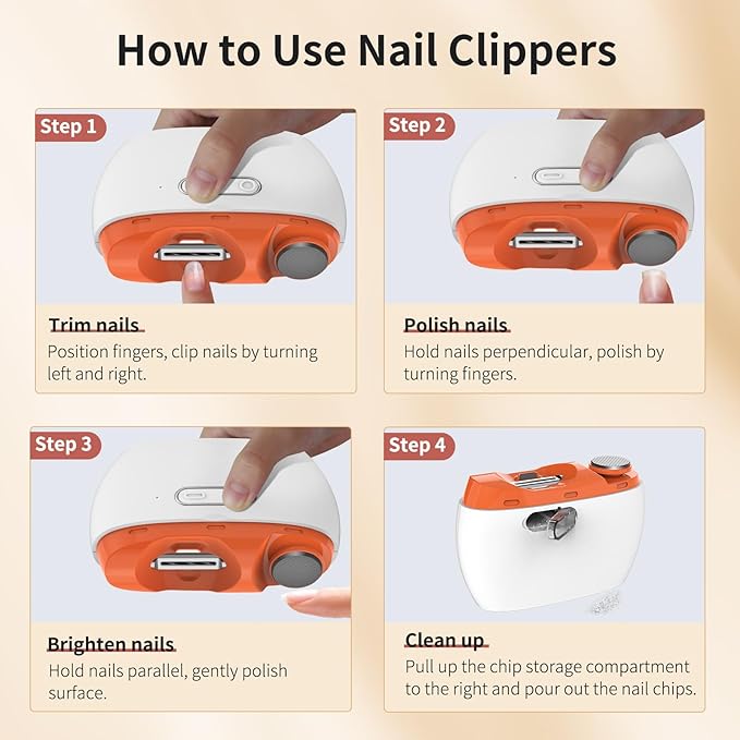 2025 Upgraded 3-in-1 Electric Nail Clipper & Polisher – Automatic Nail Trimmer with LED Light, 2-Speed, USB Rechargeable, Clip Storage, Safe for Baby & Seniors（Orange）
