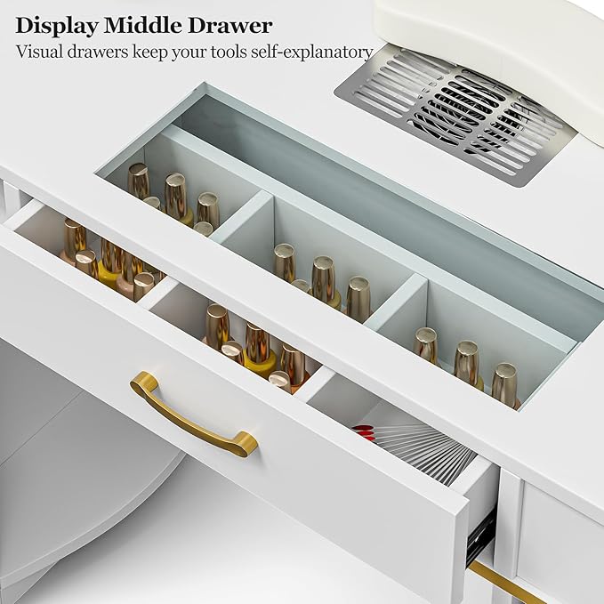 Paddie Manicure Table with Dust Collector, Glass Top Nail Tech Table Nail Desk Station w/7 Storage Drawers & 3-Tiers Open Shelves, Nail Beauty Workstation w/Wrist Cushion & Golden Handles(White Color)