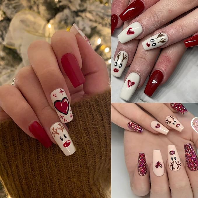 6 Sheets Cute Elk Nail Art Stickers for Nail Art 3D Christmas Nail Stickers Self-Adhesive Gold Silver Green Pink Red Glitter Elk Nails Decals Winter Snowflake Nails Decor for Women Acrylic Nails