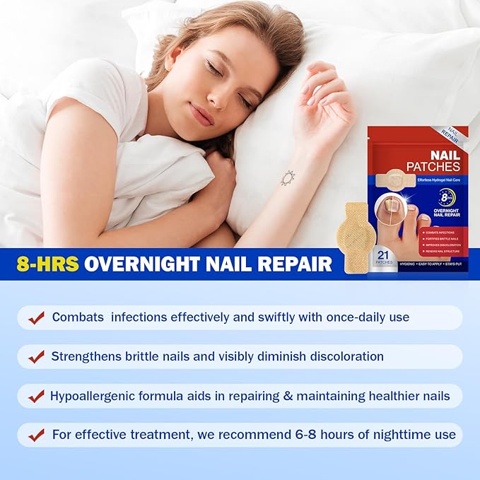 Nail Patches, 42 Pcs Toenail Treatment Extra Strength 8-Hour Overnight Nail Fast Acting Repair for Damaged & Discolored Nails Overnight Renewal Effortless Hydrogel Nail Care for Men and Women