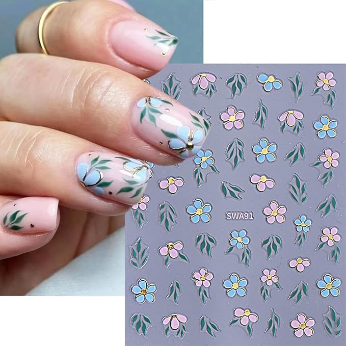 6 Sheets Flower Nail Stickers for Nail Art Pink Purple White Flowers Nail Decals French Line Bow Nail Art Stickers 3D Self-Adhesive Leaf Daisy Nail Decoration for Women Girls Nail Design Supplies