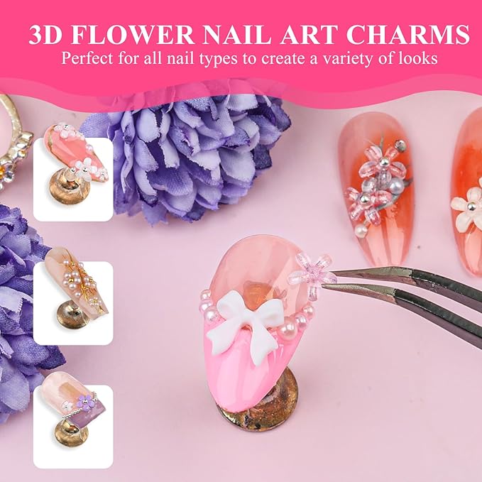 4 Boxes 3D Flower Nail Charms and Gems - Pink/White Nail Flower & Bow Charms Crystal AB Clear Gemstones Silver/Gold Caviar Beads White/AB Pearls for Women DIY Manicure Crafts (20-S4-PinkWhite)