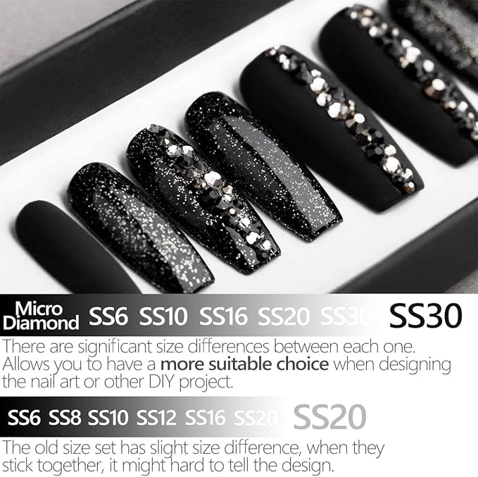 4010pcs Nail Art Rhinestones Black Flatback Rhinestones Nail Charms 6 Sizes (1.6-6.1 mm) Up to SS30 Glass Nail Stones Gems Jewels w Picking Pen, Tweezer for Manicure DIY Craft Eyes Face Makeup
