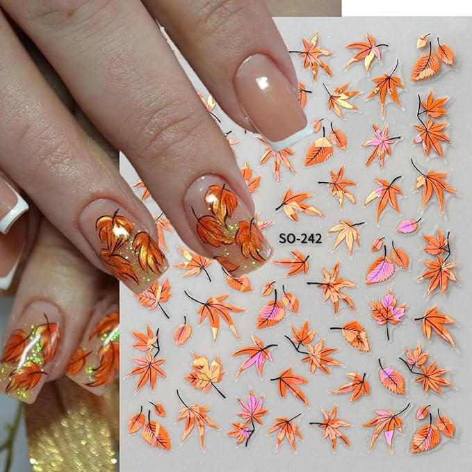 Fall Nail Art Stickers Autumn Maple Leaf Nail Decals 6PCS Laser Fallen Leaves Nail Art Supplies 3D Self-Adhesive Nail Stickers Autumn Leaf Nails Accessories for Women Thanksgiving Day Manicure Decor