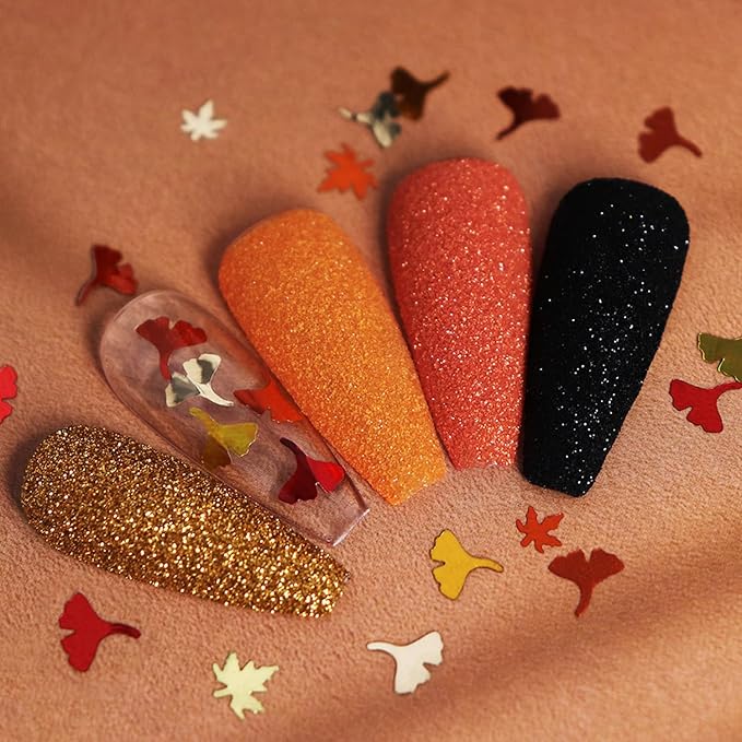 Fall Nail Art Glitter Maple Leaf Nail Sequins Flakes, 4 Colors Manicure fine Glitter Powder, 3D Holographic Ginkgo Biloba Nail Stickers Decals Supplies Nail Charms for Women Girls 6 Box