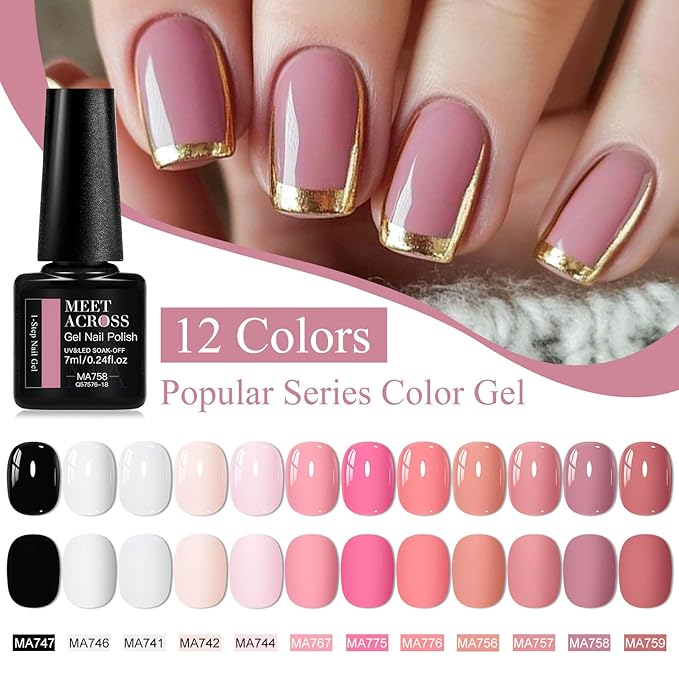 MEET ACROSS One Step Gel Nail Polish 12 Colors All-in-One Step Gel Polish Milky White Peach Soak Off LED/UV Lamp DIY Salon Manicure at Home Gift for Women & Girls