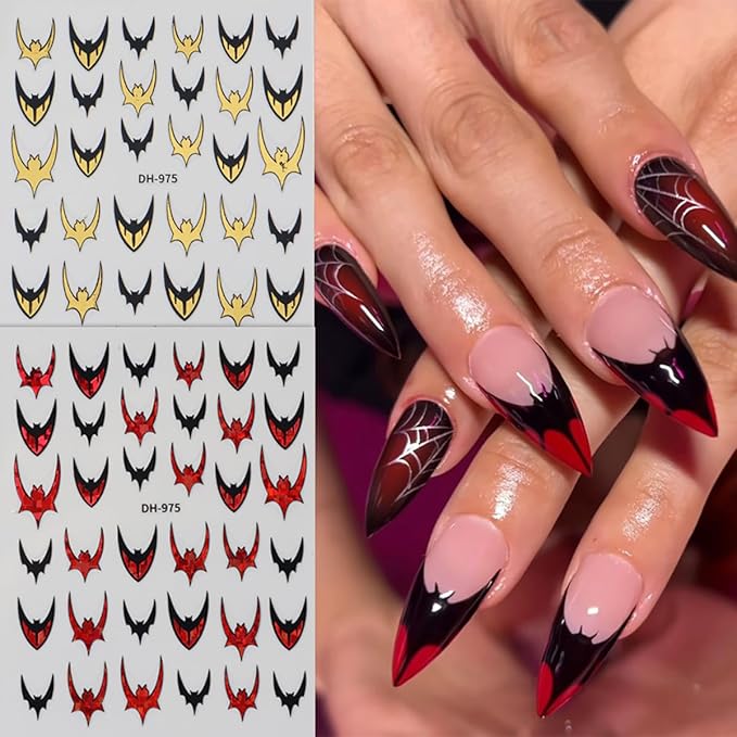 Bat Nail Stickers for Nail Art, Halloween Nail Art Stickers Black Gold Red Purple Silver Bat Nails Design Decals Halloween Manicure Decoration Accessories Supplies for Women 6 Sheets
