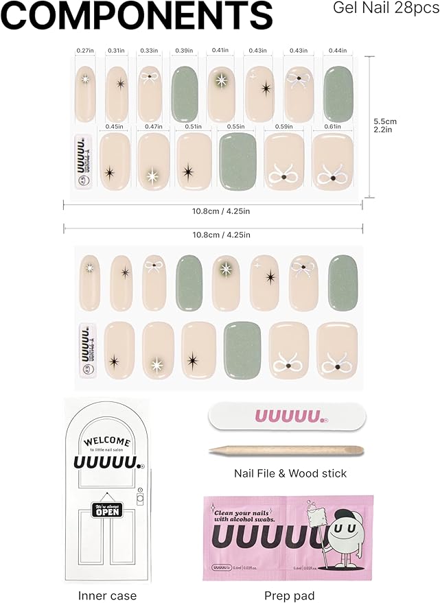 UUUUUU Semi Cured Gel Nail Strips | Salon-Quality | UV Free Gel Nail Wraps for Women | Easy Peel&Stick | Long-Lasting up to 14 Days | 28 Strips Set+File & Wipes | Gift-Ready(UGN146 Grey Ribbon)