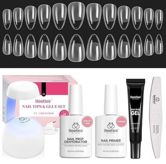 Beetles Gel Nail Kit Short Almond with Nail Dehydrator and Primer, 576Pcs Half Matte Etch-X Gel Nail Tips Solid Nail Glue Mini Nail Lamp Acrylic Nail Tips Easy DIY Nail Extension Set Gift for Women