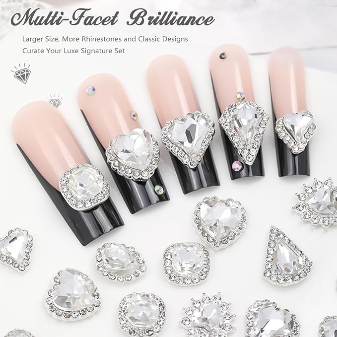 24Pcs 3D Alloy Silver Clear Nail Art Rhinestones Luxury Charms for Nails- 3D Alloy Heart Nail Charms, Elegant Silver Nail Crystal Diamonds Stones Studs for Acrylic Nails DIY Crafts Jewelry