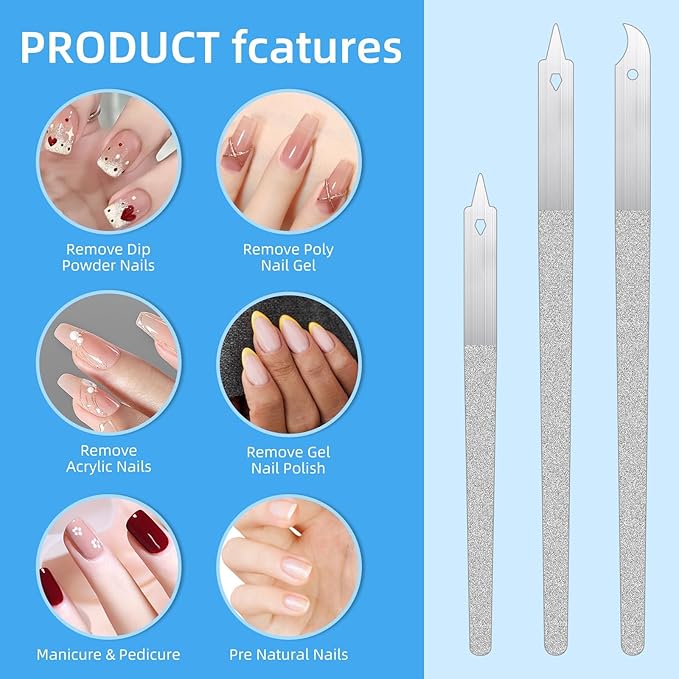 3PCS Diamond Dust Nail File, Fingernail Files with Pointed Tip, Fingernail Files with Pointed Tip/Nail Dresser for Manicure, Double Side Fingernail Toenail Files, Stainless Steel Nail Filer (2 Size)