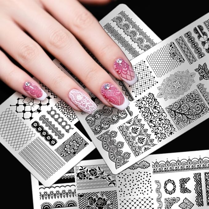 PH PandaHall 3pcs Lace Pattern Nail Stamping Plates Flower Lace Nail Art Templates Retro Laces Border Nails Design Stamp Stainless Steel Nails Image Plates for Women Manicures Salon Design Printing
