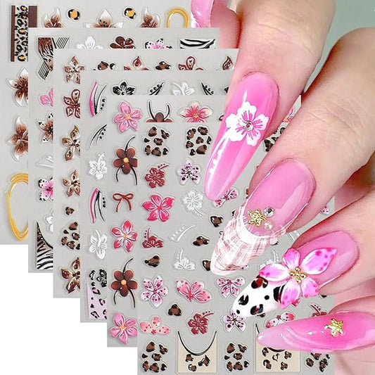 6Sheets Leopard Print Nail Art Stickers 5D Embossed Colorful Lily Flower Nail Decals Self-Adhesive Leopard Print French Tip Nail Sticker Cute Floral Decal for Women Manicure Decoration Accessories