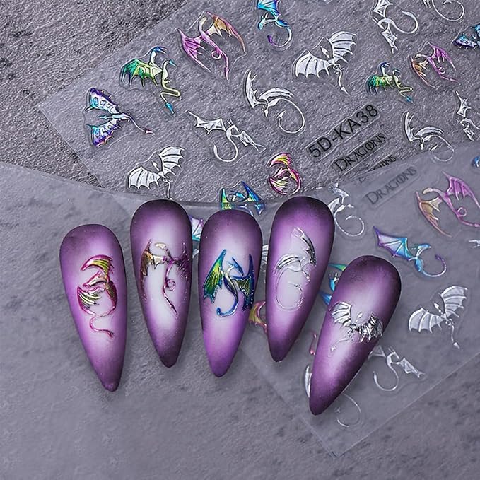 2 Sheets Halloween Dragon Nail Stickers 5D Embossed Laser Gold Silver Nail Art Sticker Horror Bat Dragon Self-Adhesive Design Gothic Nail Decals Nail Supplies for Women Acrylic Manicure Decorations