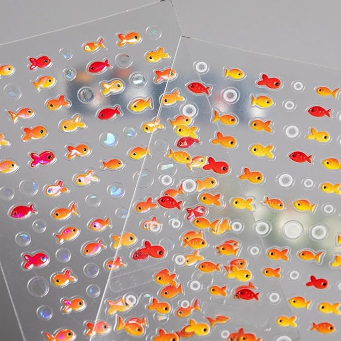 2 Sheets Red Fish Nail Art Stickers, 5D Embossed Jelly Bubble Goldfish Nail Decals Self Adhesive Koi Fish Design Manicure Sticker for Women Girls Summe Nail Accessories
