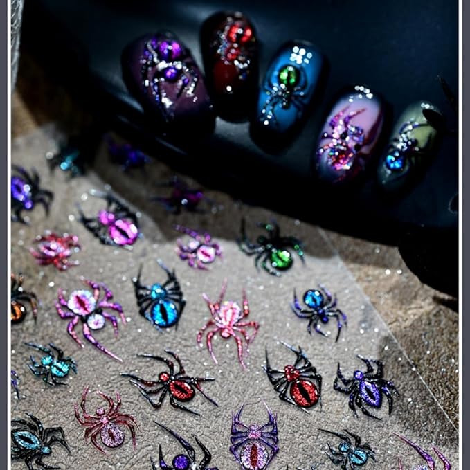 Halloween Nail Sticker 5D Embossed Scary Spider Nail Art Sticker Self Adhesive Nail Decals Colorful Spider Nail Art Decals for Nail Decoration Supplies for Women Girls DIY Manicure