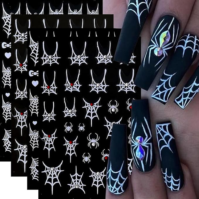 Halloween Nail Art Stickers Decals 4PCS White Spider Web Spider Nail Decals with Rhinestone Crystal Spider Web Spider Nail Stickers Bow Heart Halloween Nail Art Supplies for Women Manicure Decorations