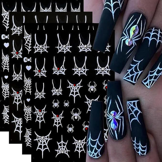 Halloween Nail Art Stickers Decals 4PCS White Spider Web Spider Nail Decals with Rhinestone Crystal Spider Web Spider Nail Stickers Bow Heart Halloween Nail Art Supplies for Women Manicure Decorations