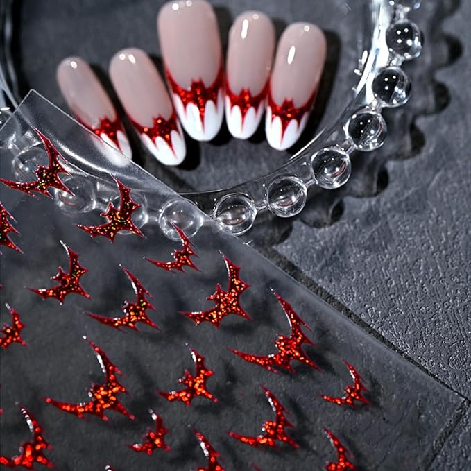 Halloween Nail Art Stickers 3D Self-Adhesive Red Glitter Bat Nail Stickers with Glitter Bloody Bats Nail Decals Horror Design Sticker for Women Manicure Decoration Cardboard Set 1 Sheets