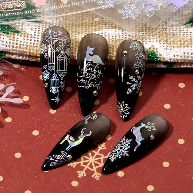 9 Sheets Aurora Christmas Nail Art Stickers Decals Self-Adhesive Pegatinas Uñas Glitter Rose Gold Snowflakes Winter Nail Supplies Nail Art Design Decoration Accessories