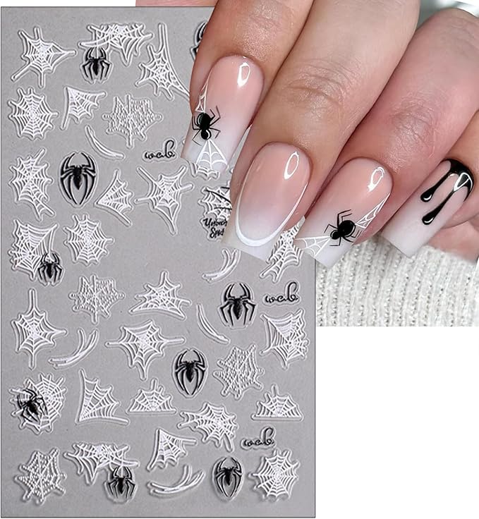4 Sheets Halloween Nail Stickers for Nail Art 5D Embossed Self-Adhesive Spider Web Nail Art Stickers White Black Spider Nail Decal for Women Girls Scary Halloween Manicure Decoration