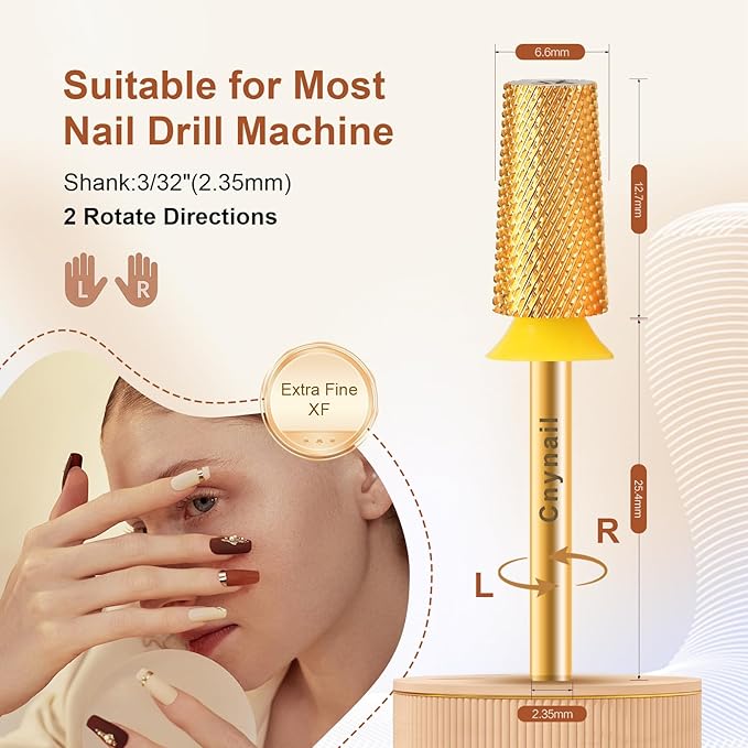 3/32" Large Tapered Barrel Flat Bit Tungsten Carbide Nail Drill Bit Safety Bit for Gel & Acrylic Removal, 2- Way Rotating Efile Tip, Salon Electric File Accessory (XF Girt, Gold)